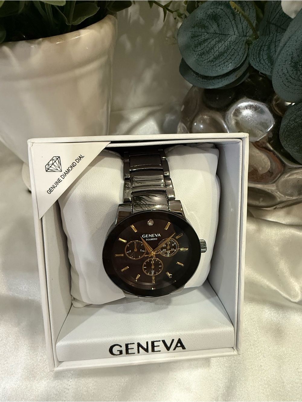 Geneva Men's Diamond Accent Bracelet Watch Black Chronograph Watch NWT